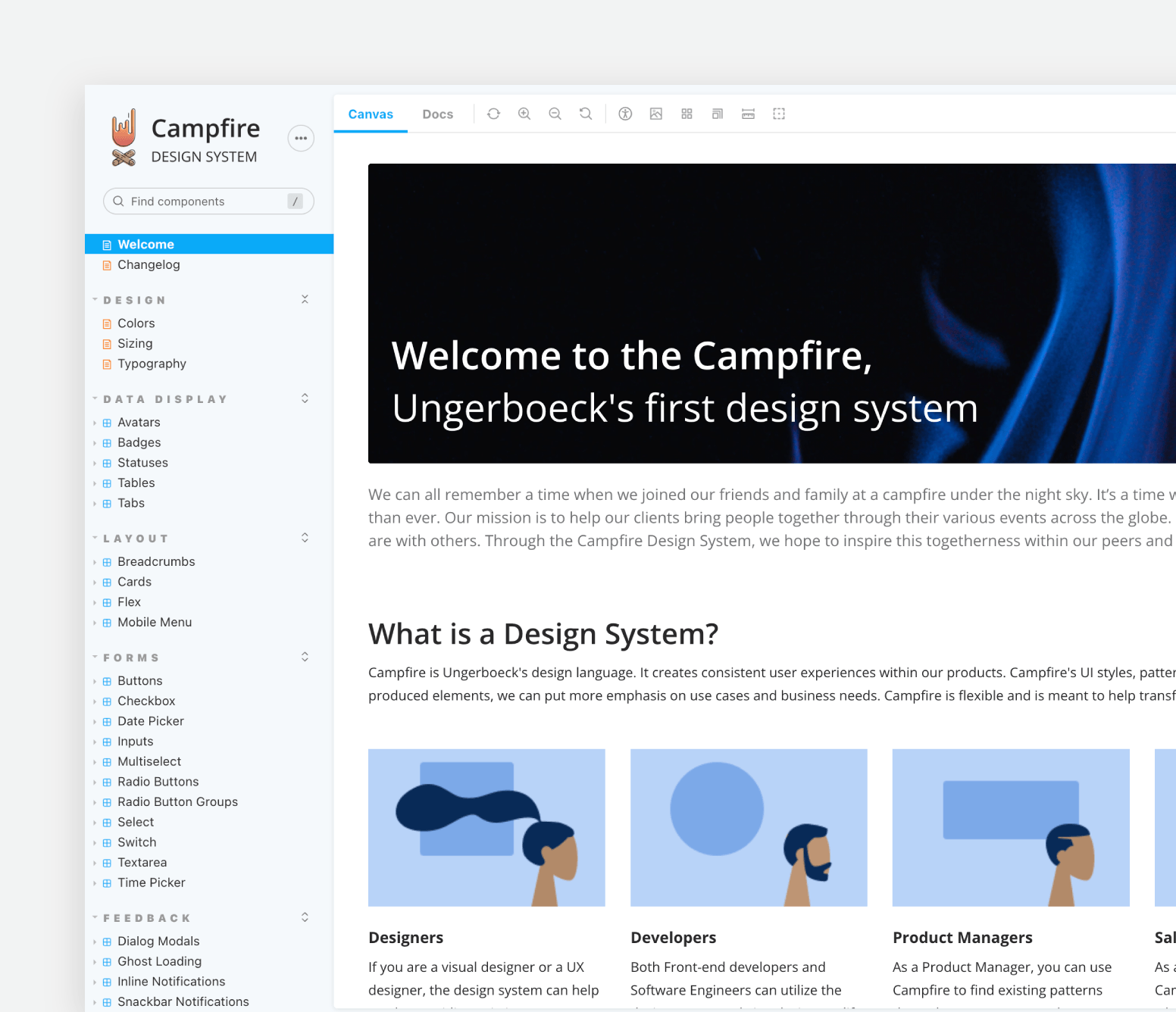 Campfire Design system documentation homepage