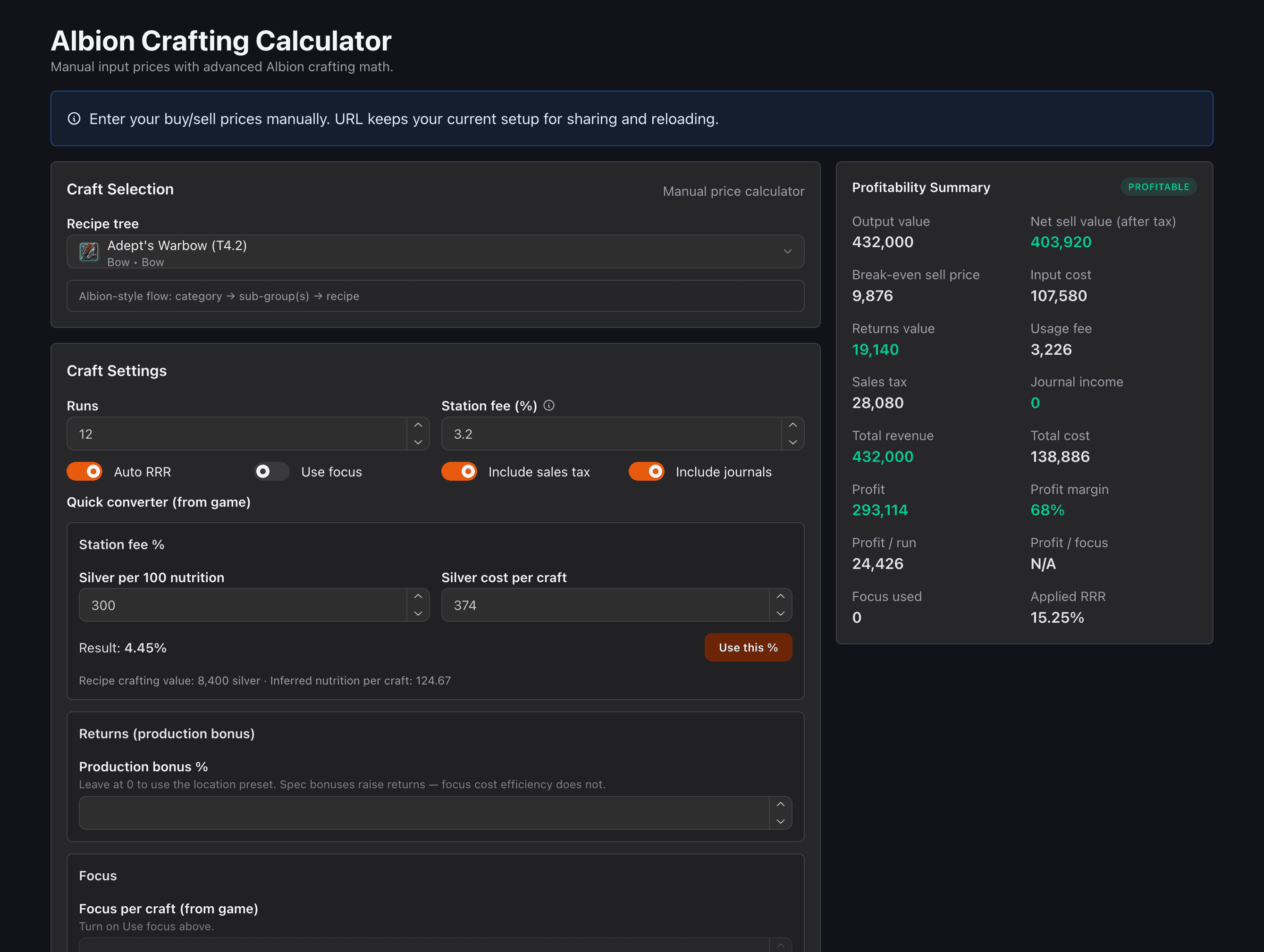 Albion Crafting Calculator profitability dashboard