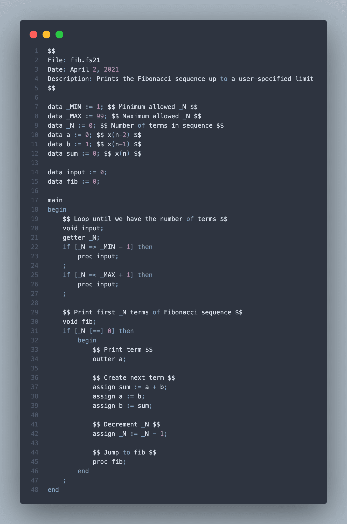 Code from my personal language